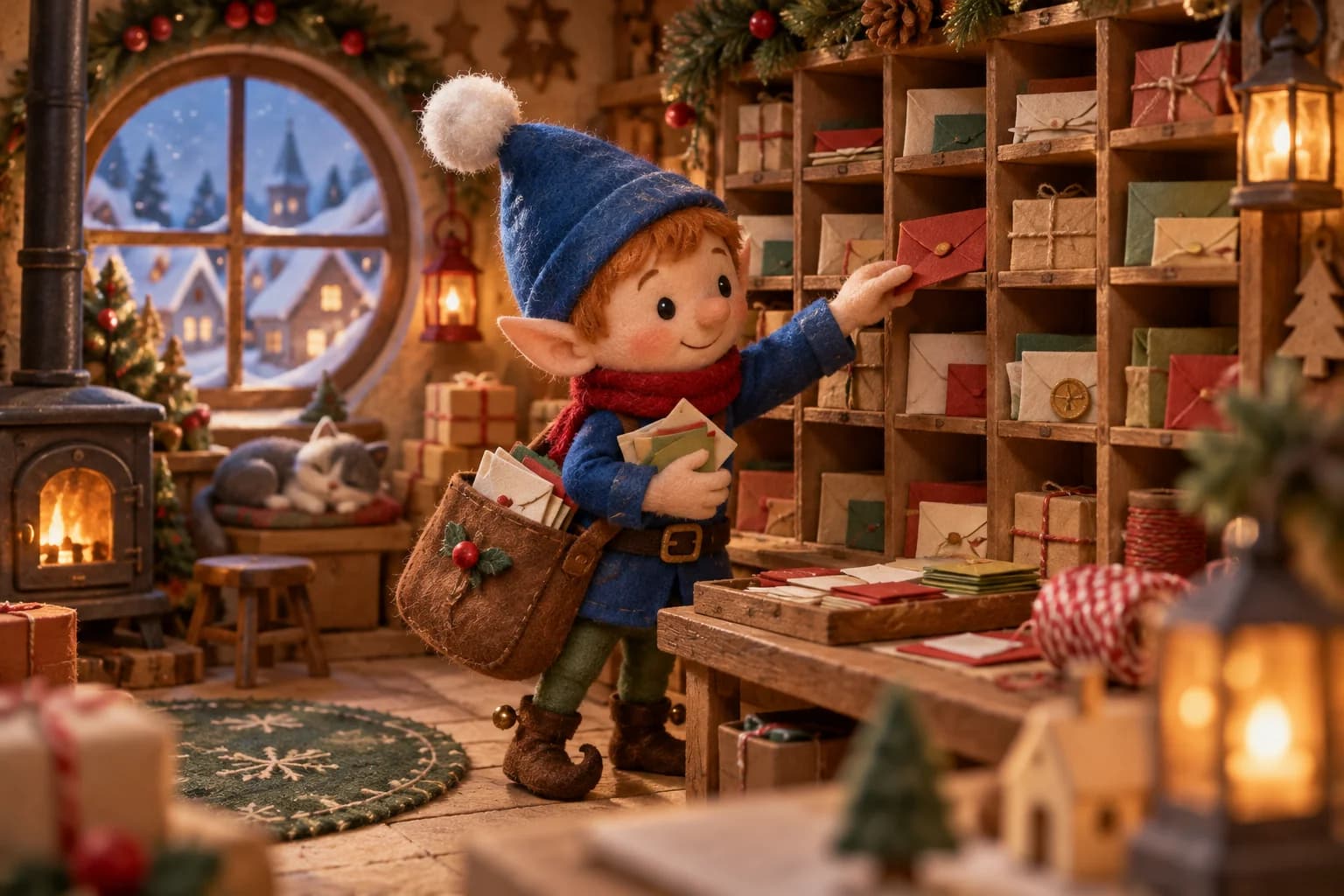 Lutin facteur portant un bonnet bleu et un sac de lettres, devant une petite maison de courrier enneigée.