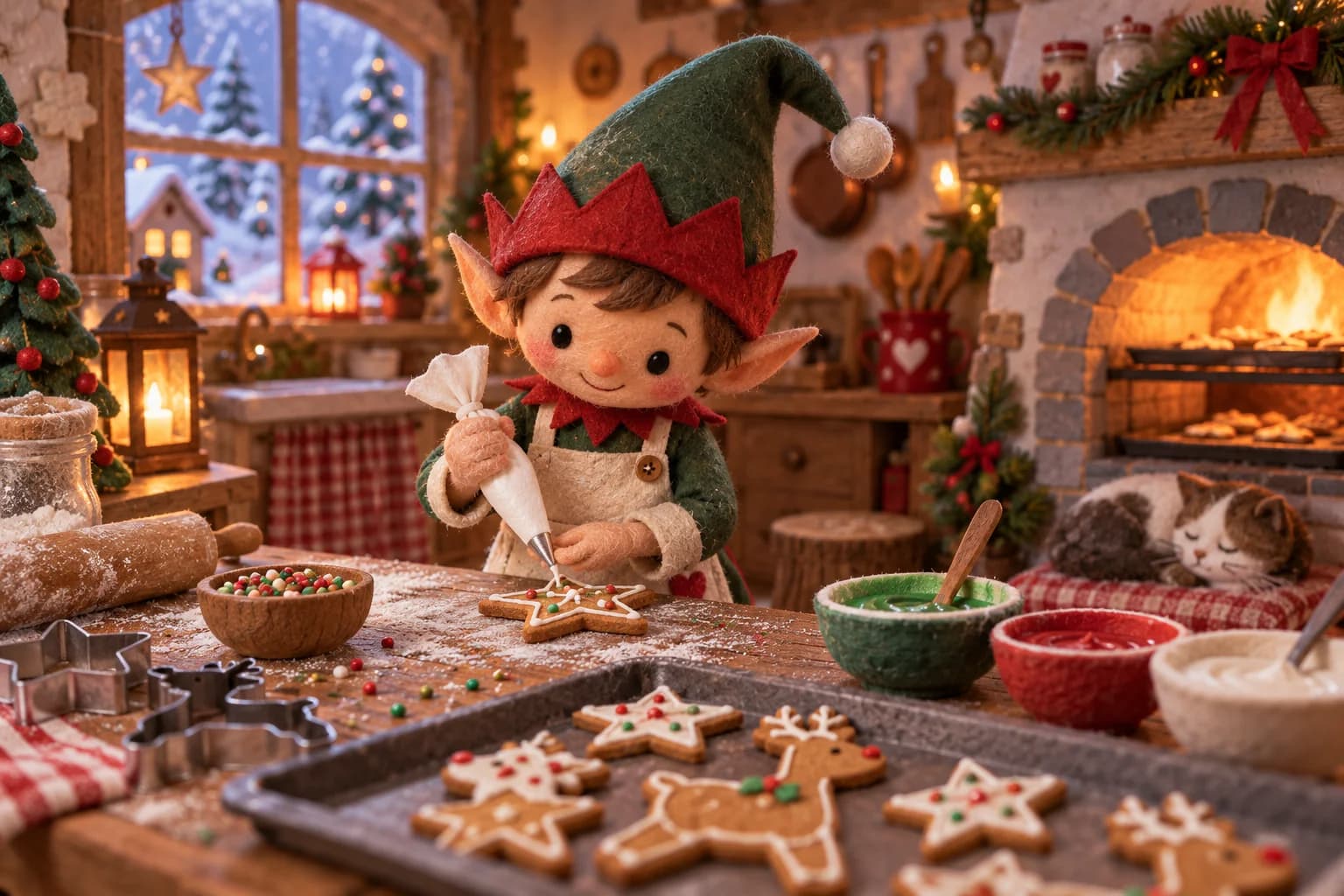 Lutin cuisinier dans une cuisine chaleureuse, décorant des biscuits de Noël avec du glaçage.
