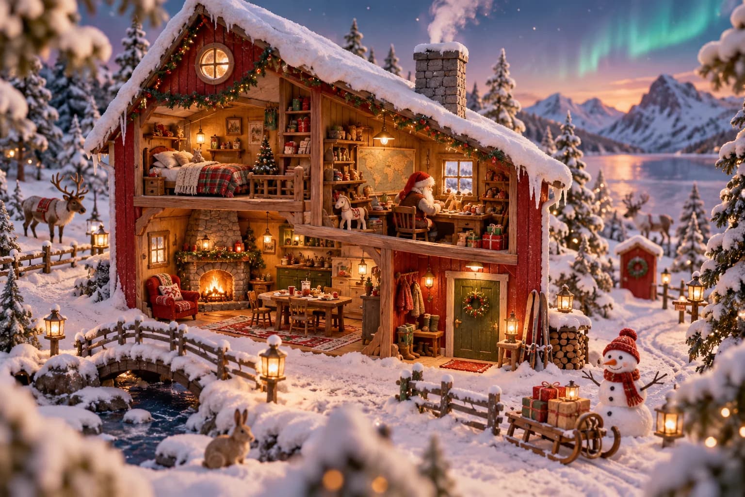 Maison en bois rouge enneigée en Laponie, avec une cheminée fumante, des sapins givrés et des fenêtres éclairées.
