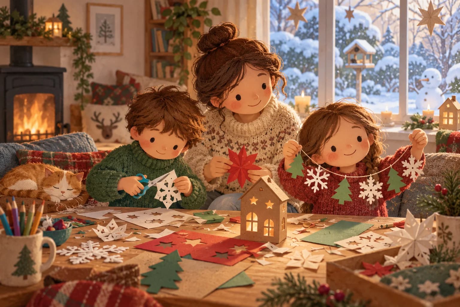 Deux enfants fabriquent des décorations d’hiver autour d’une table, près d’une fenêtre enneigée