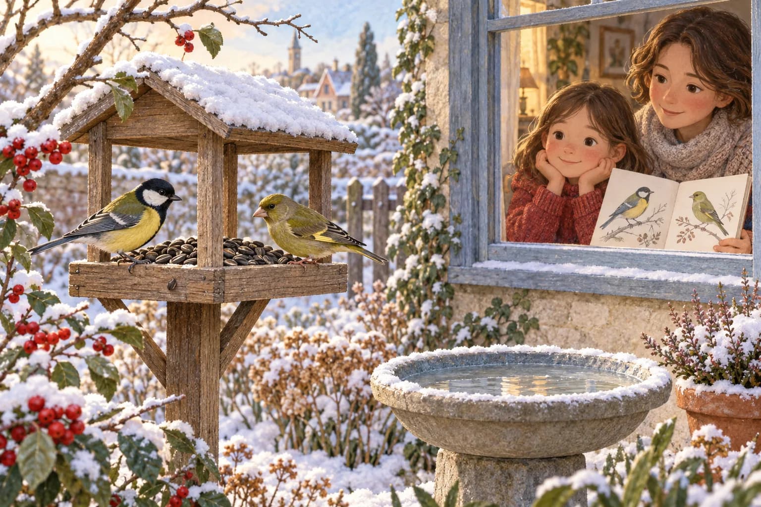 Un enfant et un parent observent derrière une fenêtre des oiseaux près d’une mangeoire à graines dans un jardin d’hiver.