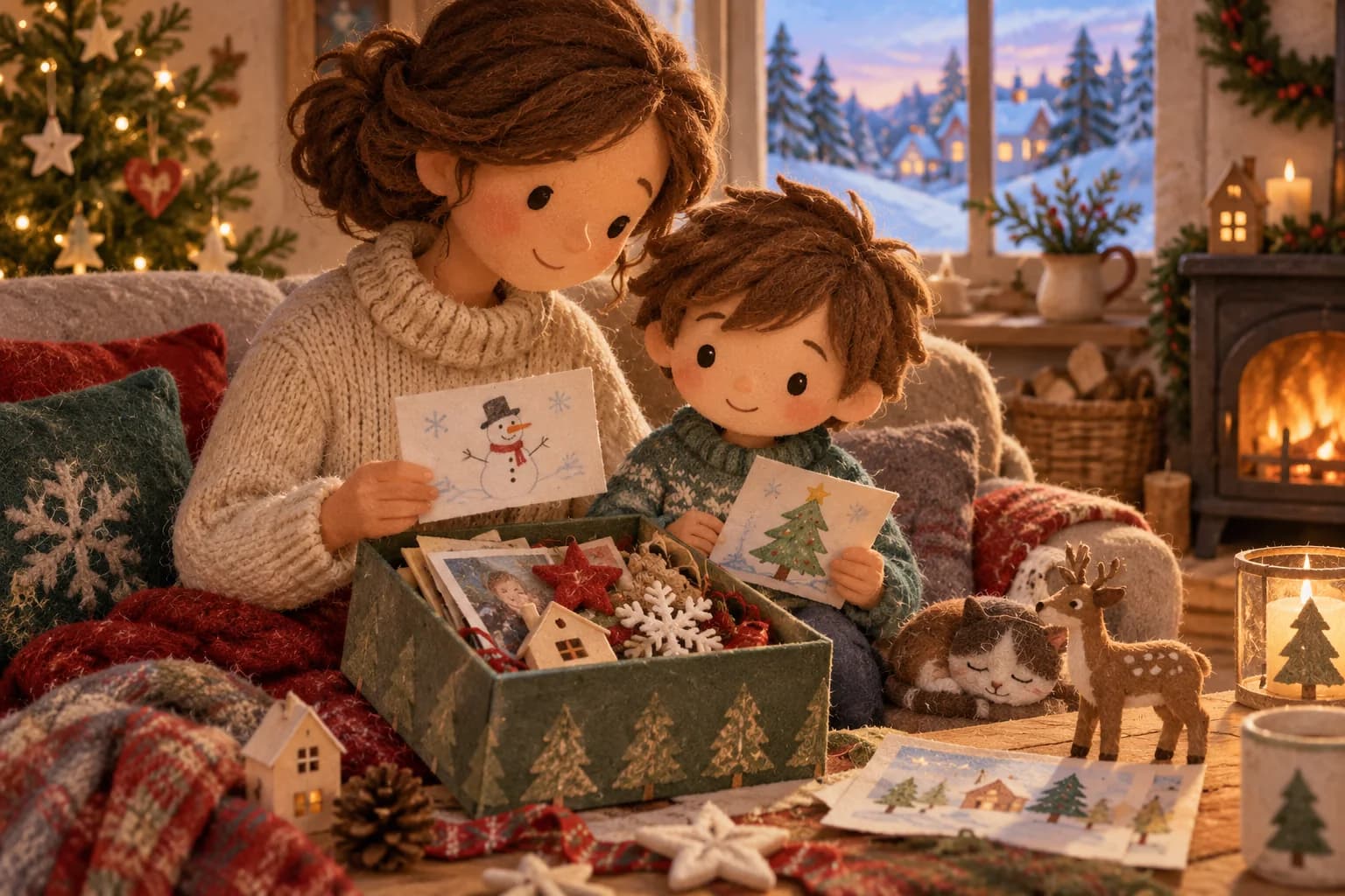 Un parent et un enfant partagent des souvenirs de Noël dans un salon chaleureux