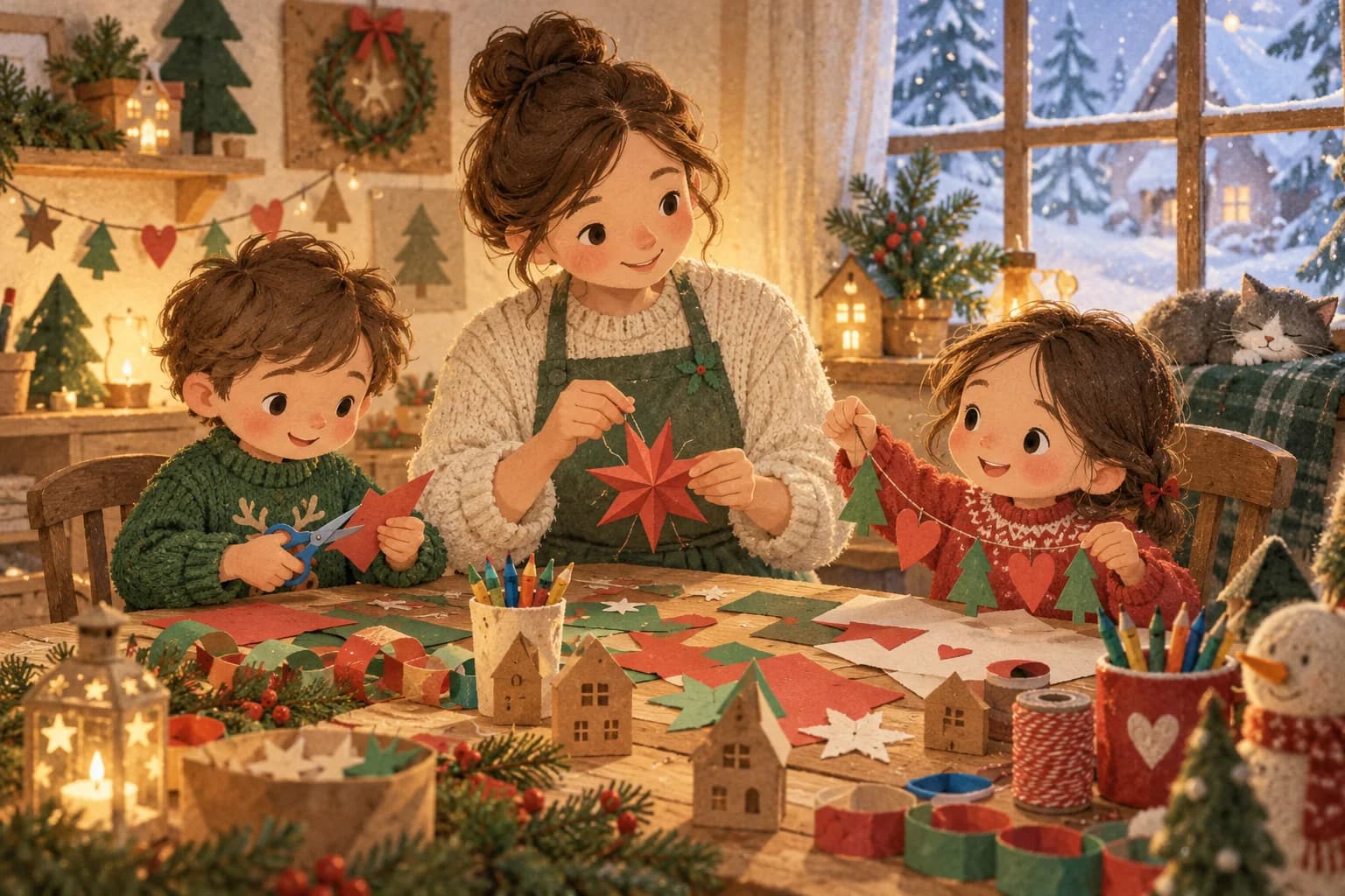 Un parent et deux enfants fabriquent des décorations dans un petit atelier de Noël à la maison