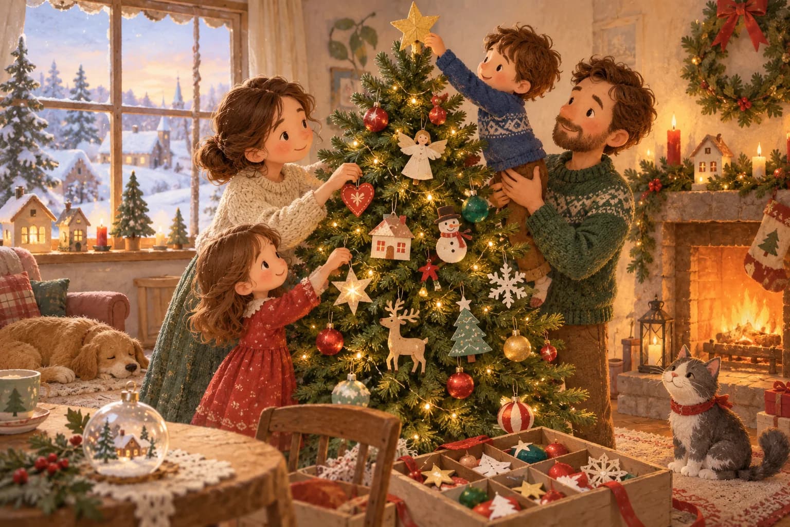 Une famille décore un sapin avec des boules de Noël colorées