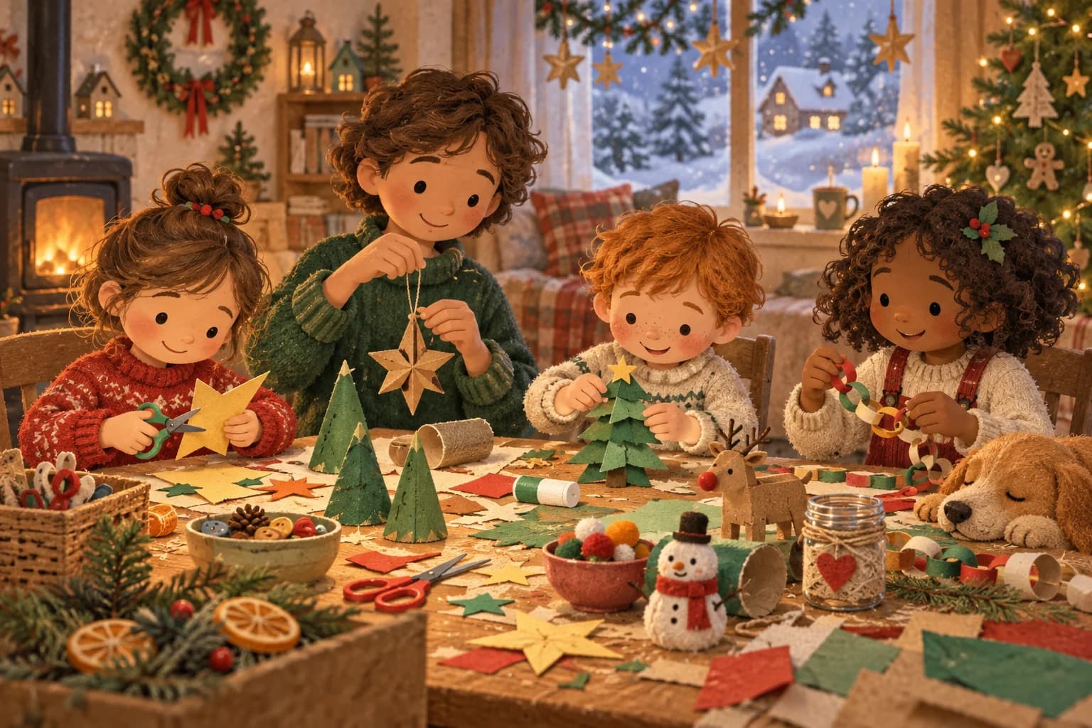 Enfants d’âges différents réalisant des bricolages de Noël autour d’une table