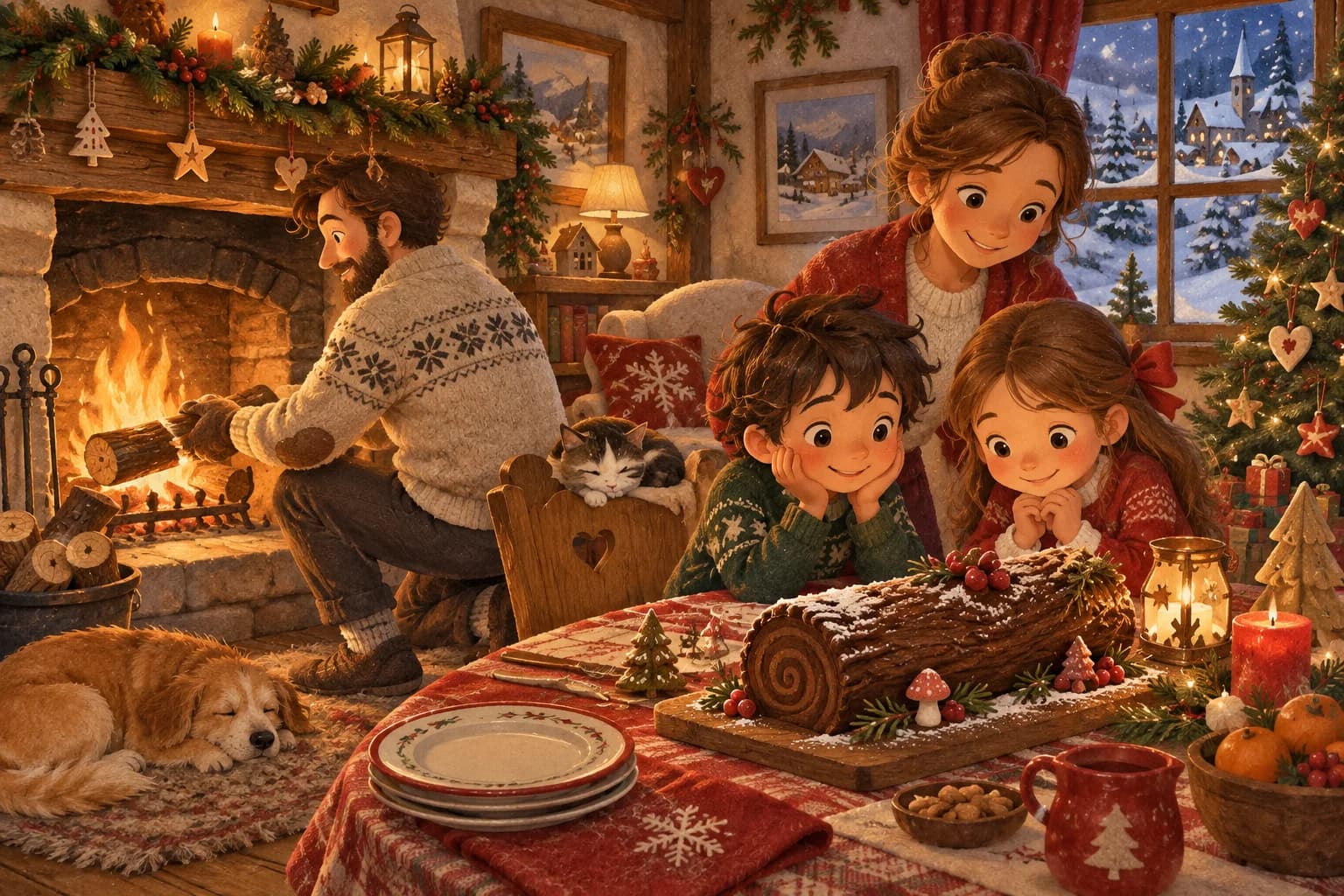 Une famille observe une cheminée et une bûche de Noël dans une pièce décorée pour l’hiver