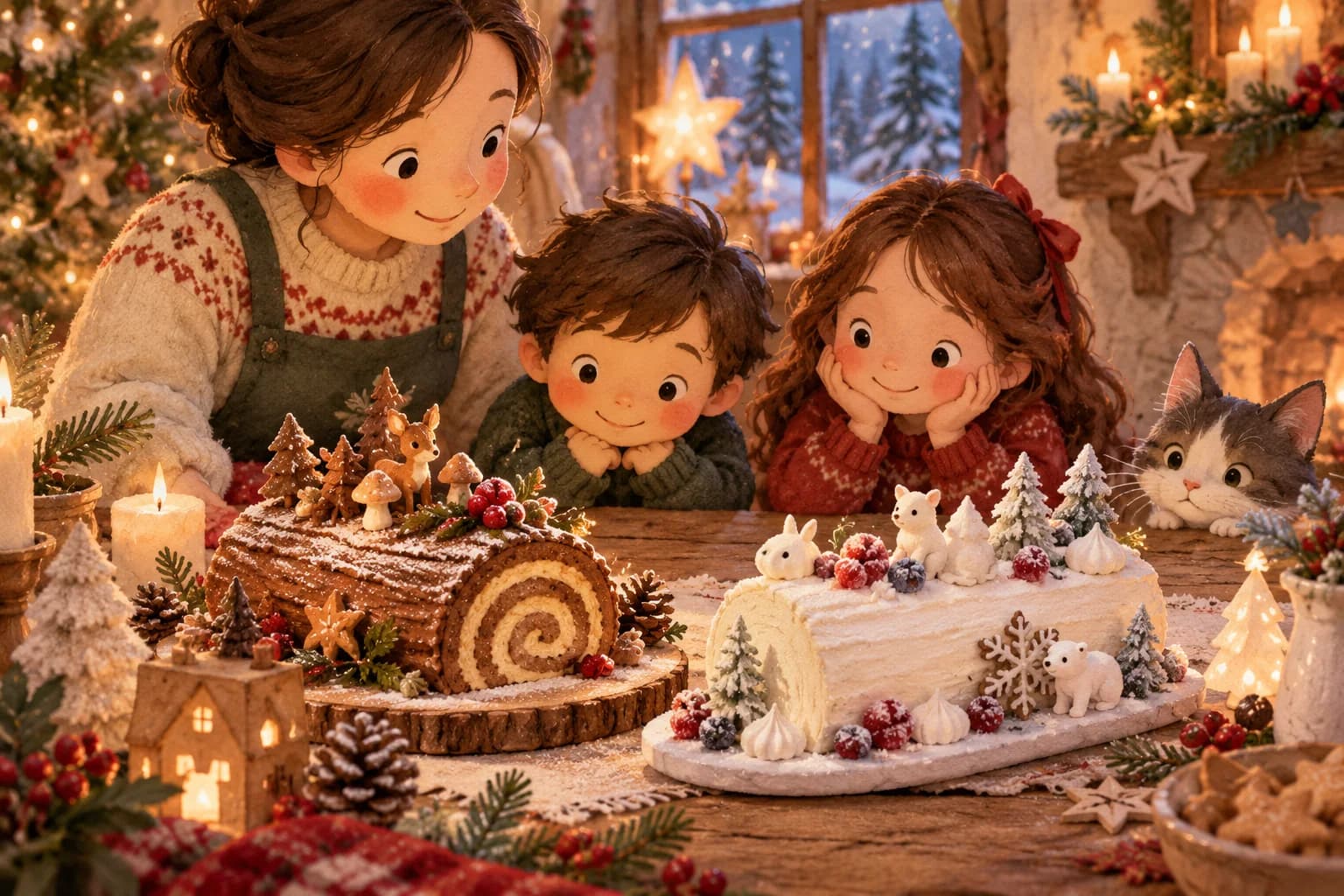 Deux bûches de Noël, l’une pâtissière et l’autre glacée, observées par une famille