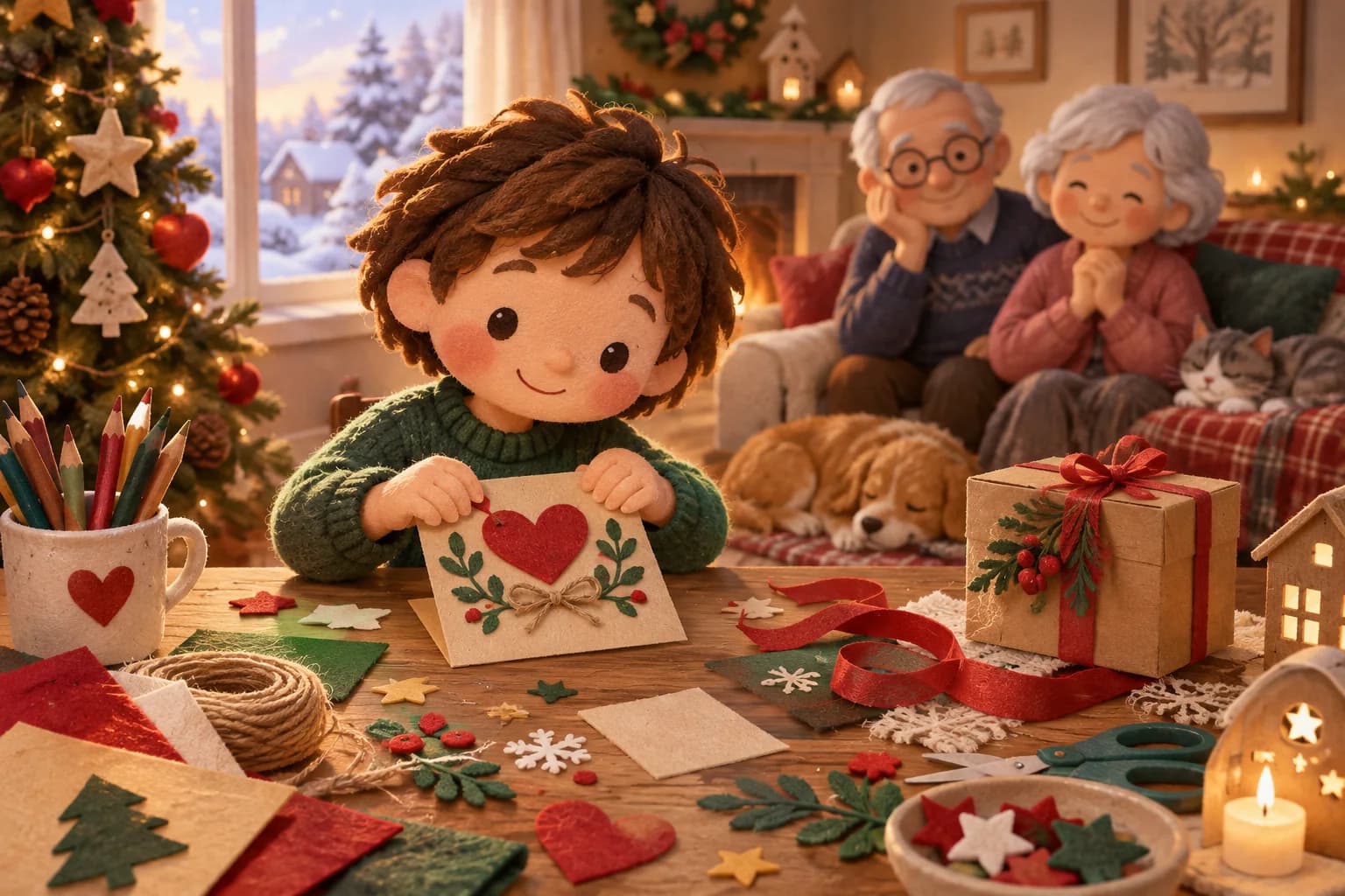Un enfant fabrique un cadeau de Noël à une table entourée de matériel créatif