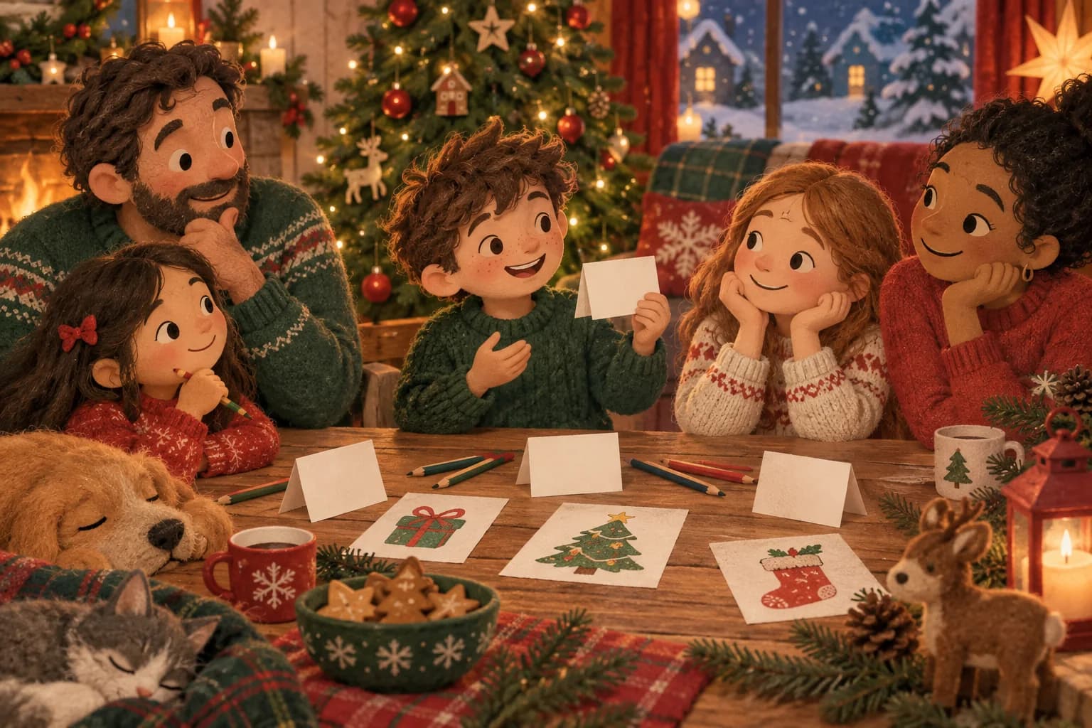 Une famille joue aux devinettes autour d’une table avec des cartes et des dessins de Noël.