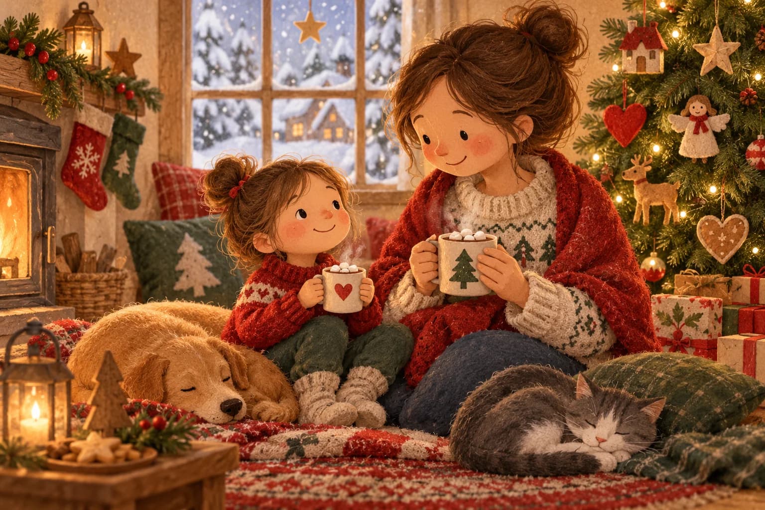 Un enfant et un parent partagent un chocolat chaud près du sapin de Noël