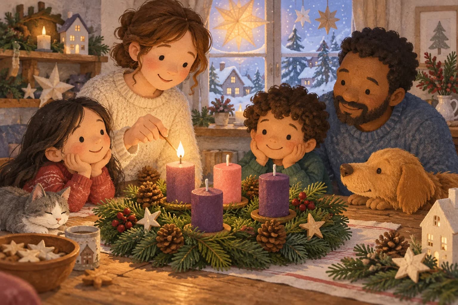 Une famille observe une couronne de l’Avent décorée avec quatre bougies