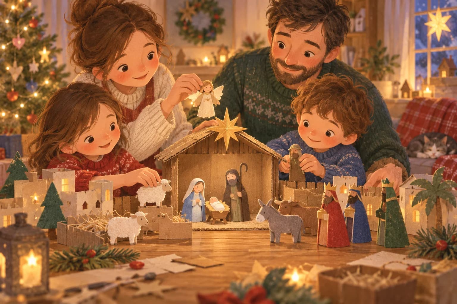 Une famille prépare une petite crèche de Noël avec un village en carton