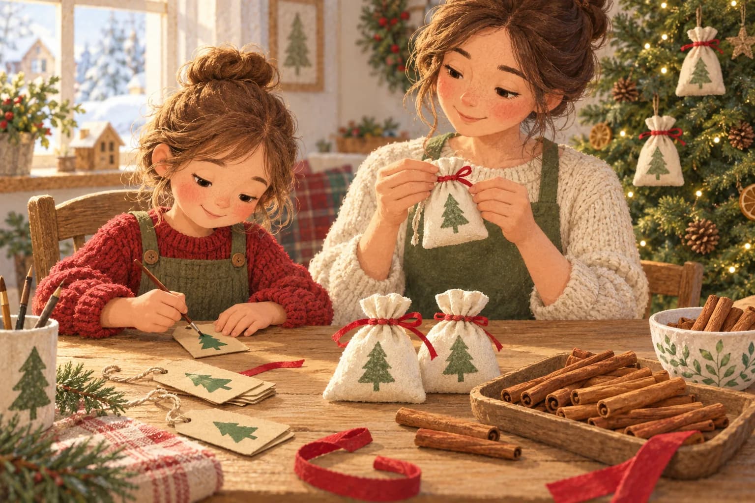 Un enfant et un parent décorent des sachets de cannelle avec des rubans rouges et des étiquettes pour le sapin.