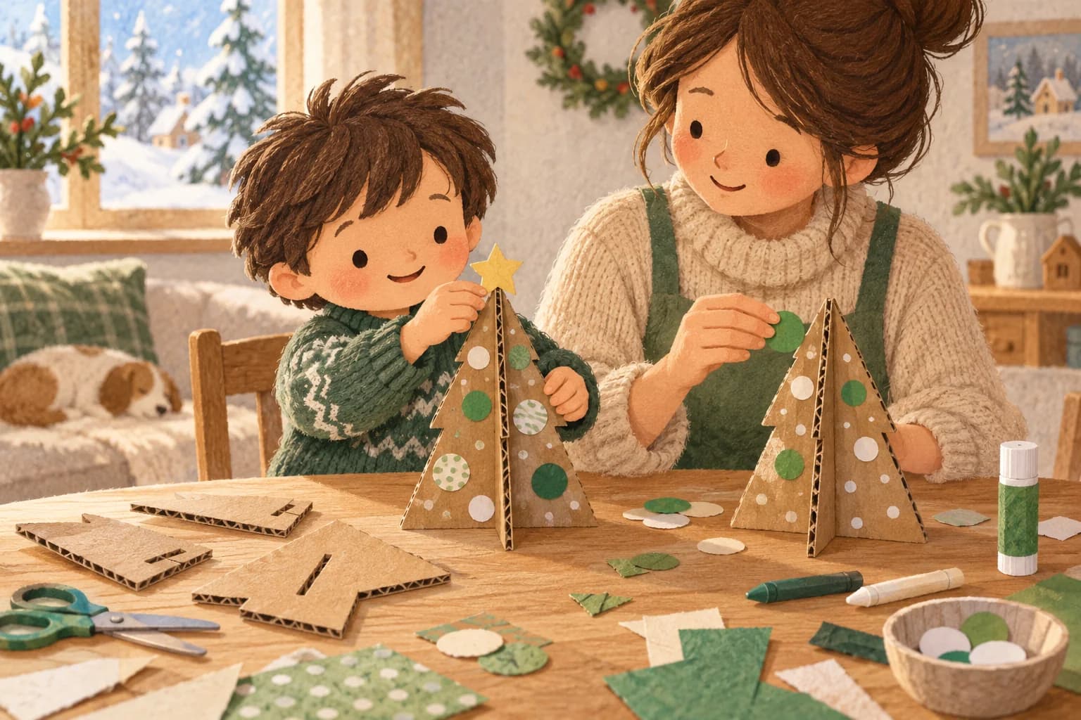 Un enfant et un parent décorent de petits sapins en carton ondulé qui tiennent debout grâce à deux silhouettes emboîtées.