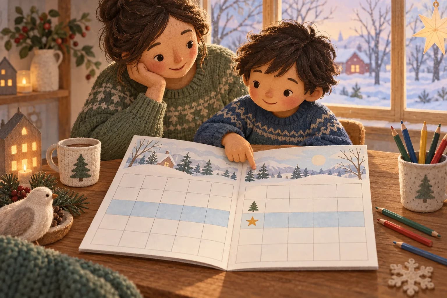 Un enfant et un parent repèrent les vacances de Noël sur un calendrier à l’aide de crayons de couleur.
