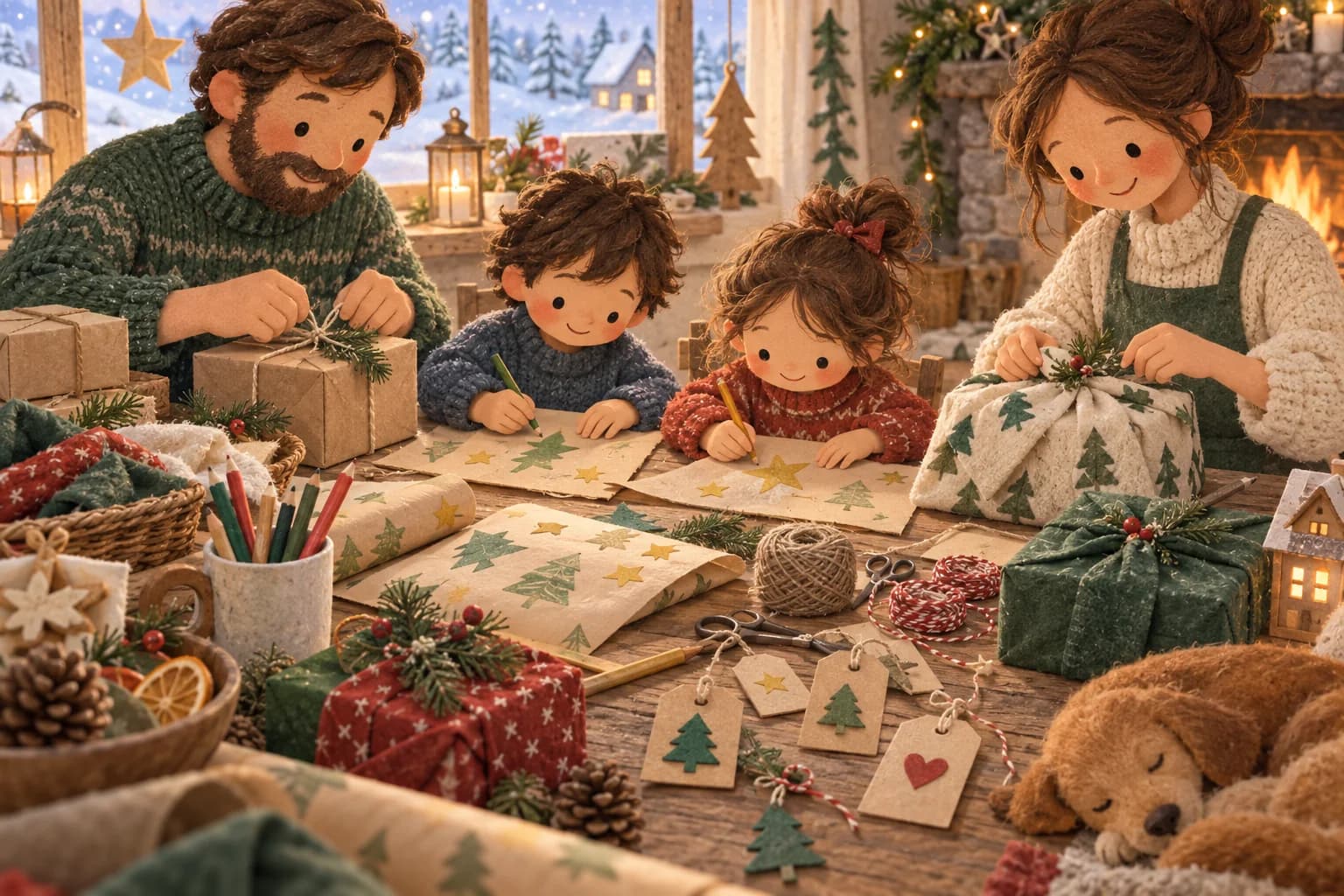 Enfants et parents décorant ensemble des emballages de cadeaux de Noël