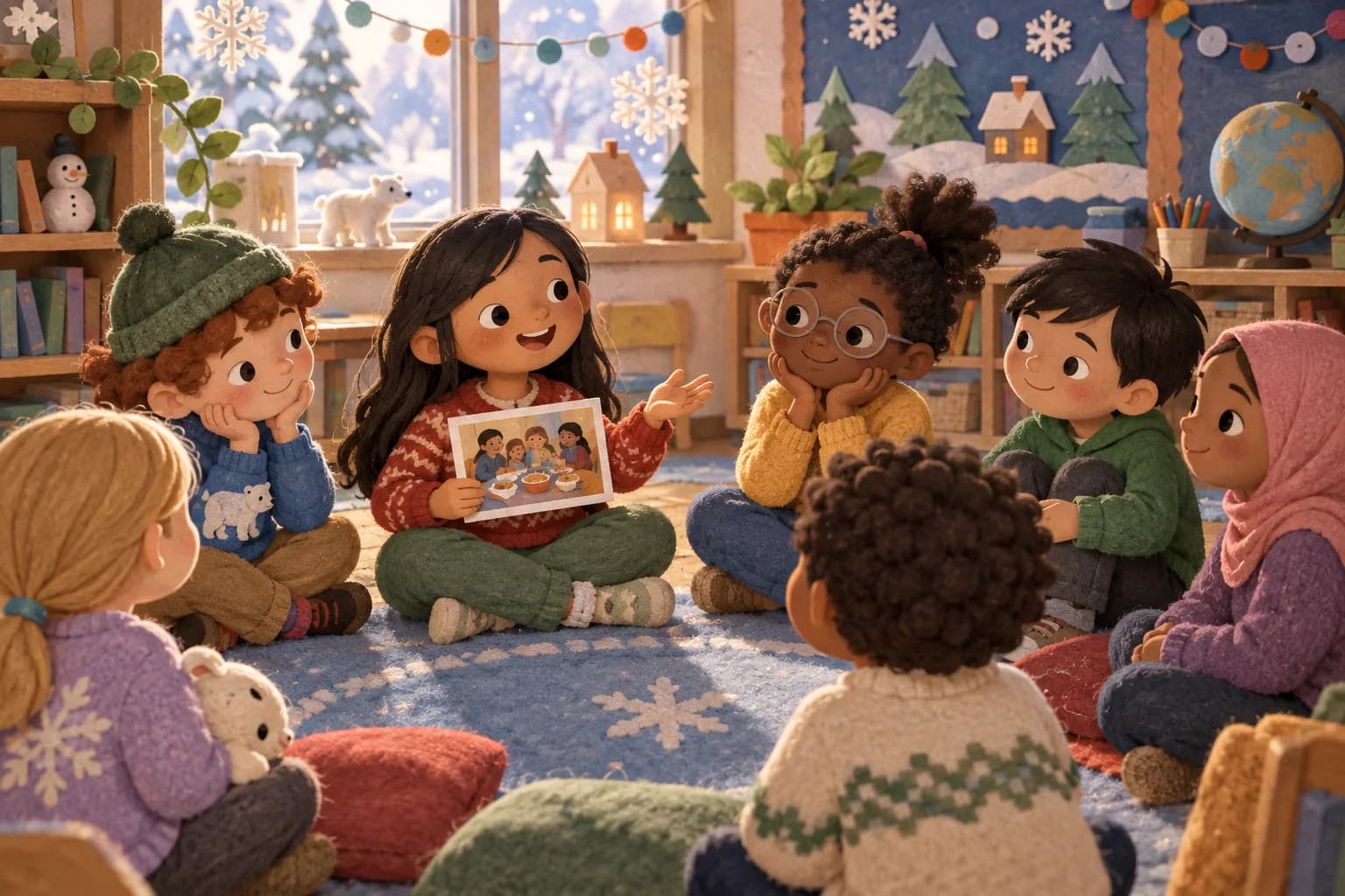 Des enfants de familles différentes discutent avec respect dans une classe en hiver