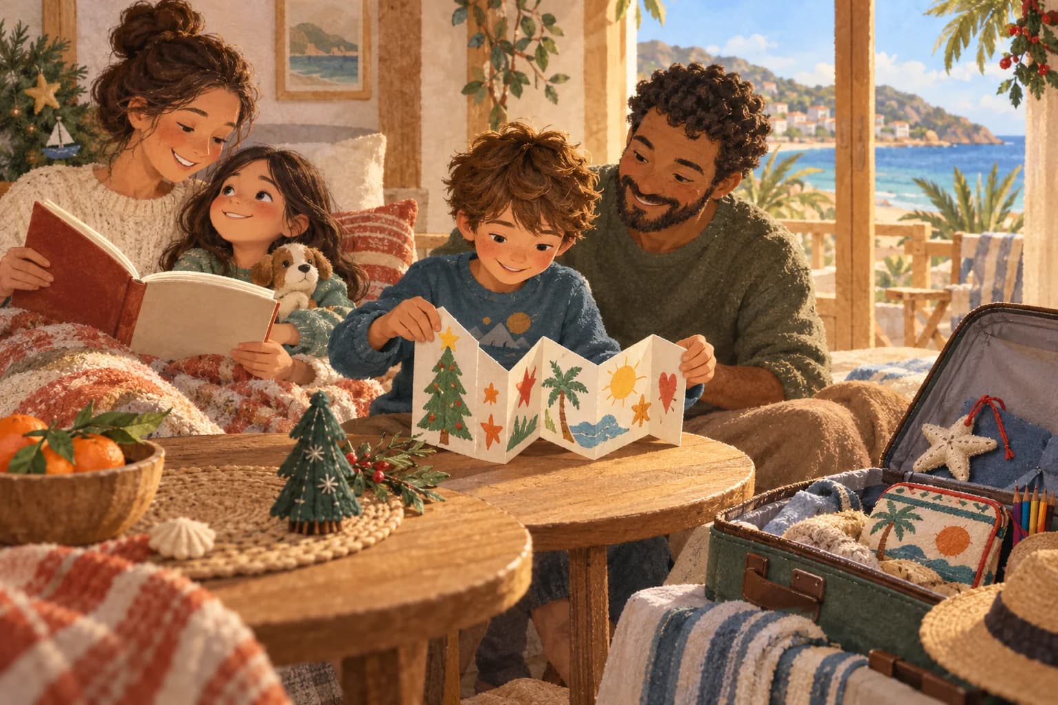 Une famille en voyage installe un sapin de papier sur une table, près d’une valise ouverte.