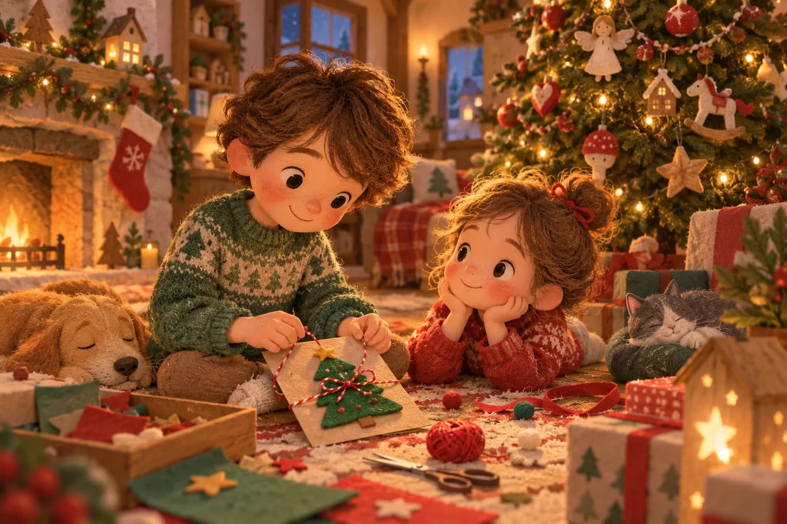 Deux enfants préparent une surprise près du sapin de Noël