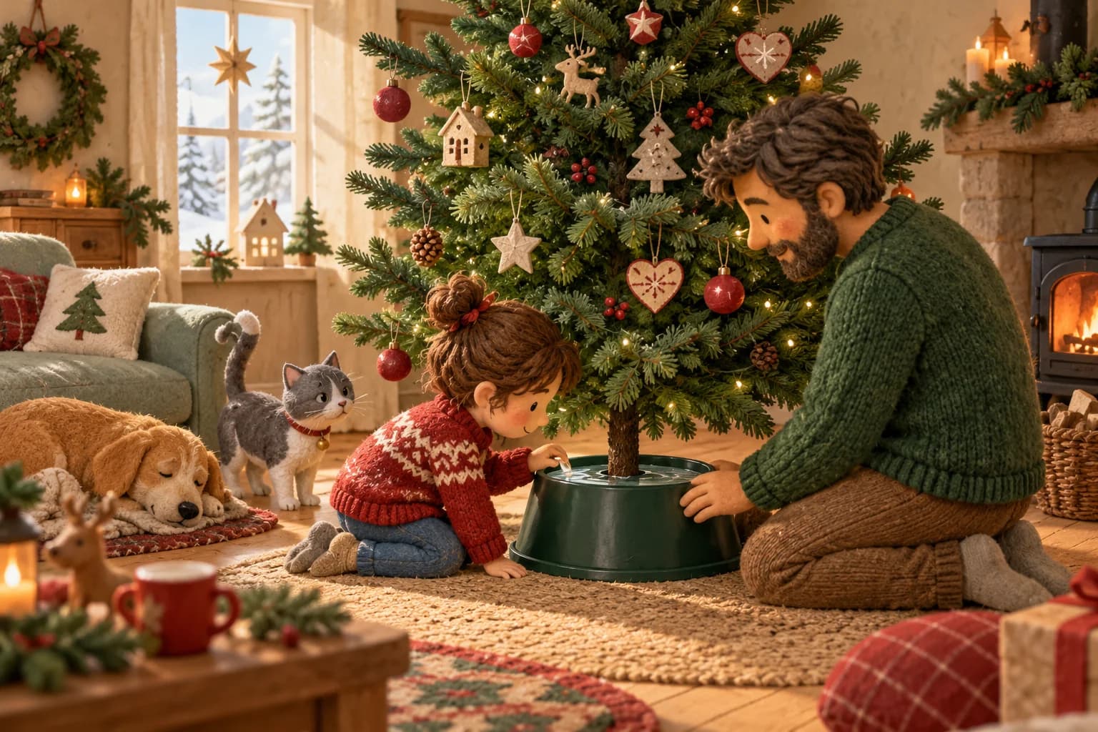 Un enfant vérifie avec un adulte le niveau d’eau du pied d’un sapin de Noël