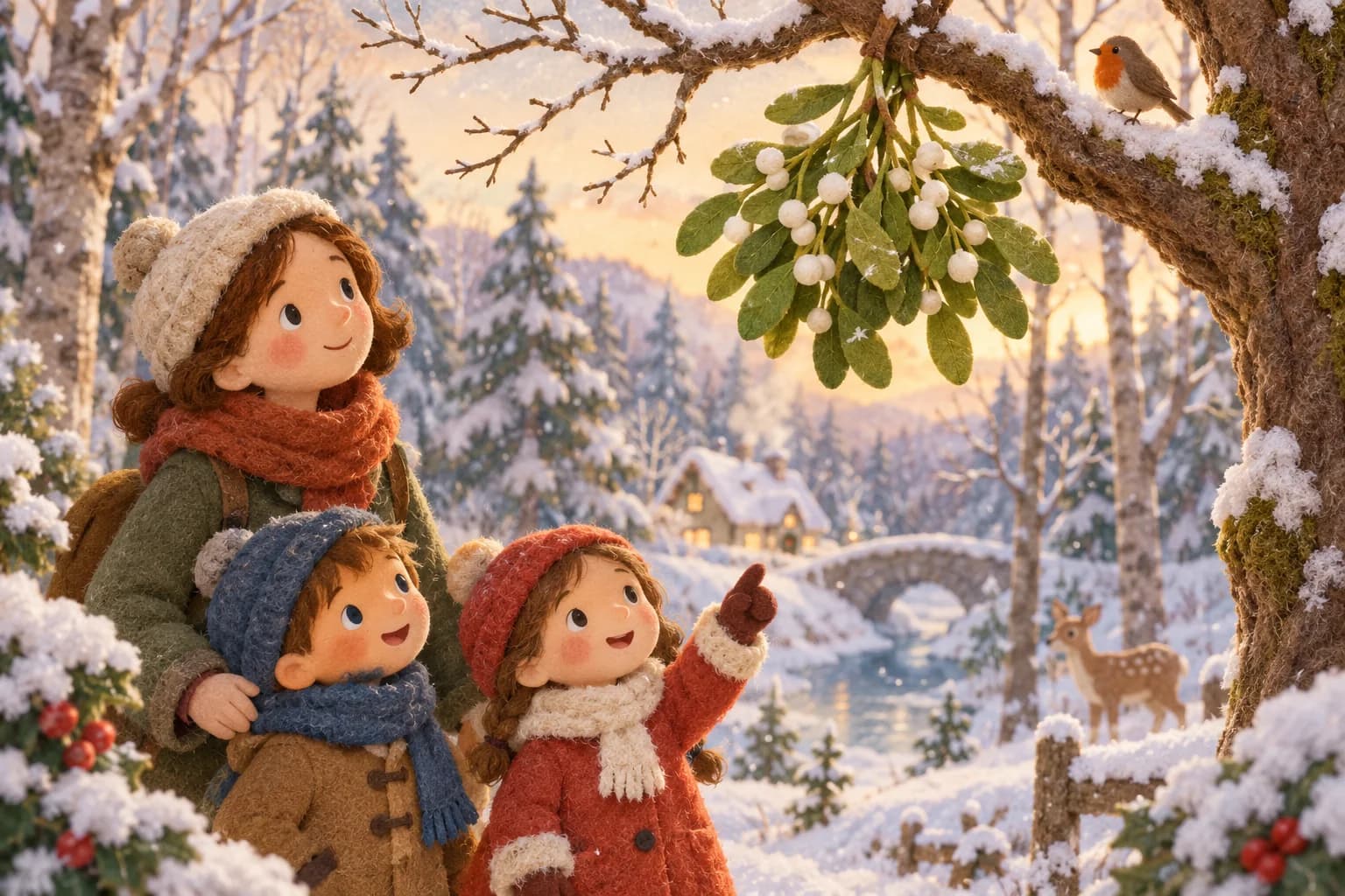 Enfants et parent observant une branche de gui blanc dans une forêt enneigée