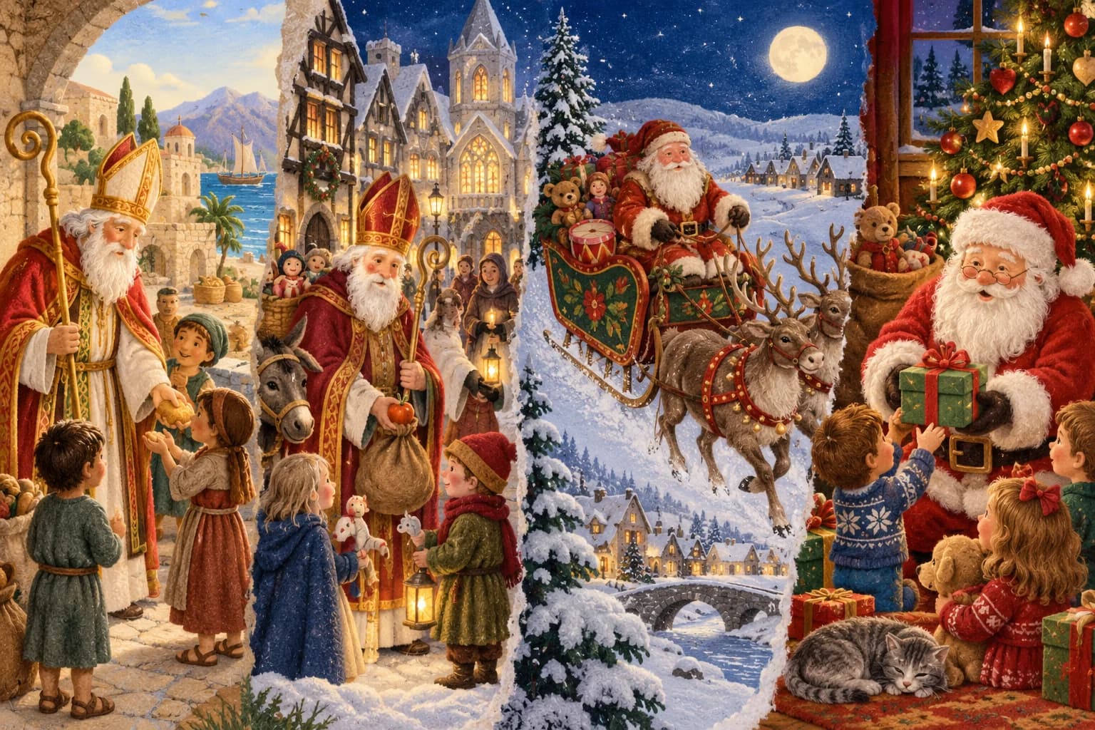 Illustration montrant l’évolution de saint Nicolas vers le Père Noël moderne, avec un évêque ancien, une fête médiévale, un traîneau tiré par des rennes et un Père Noël en costume rouge près d’un sapin.
