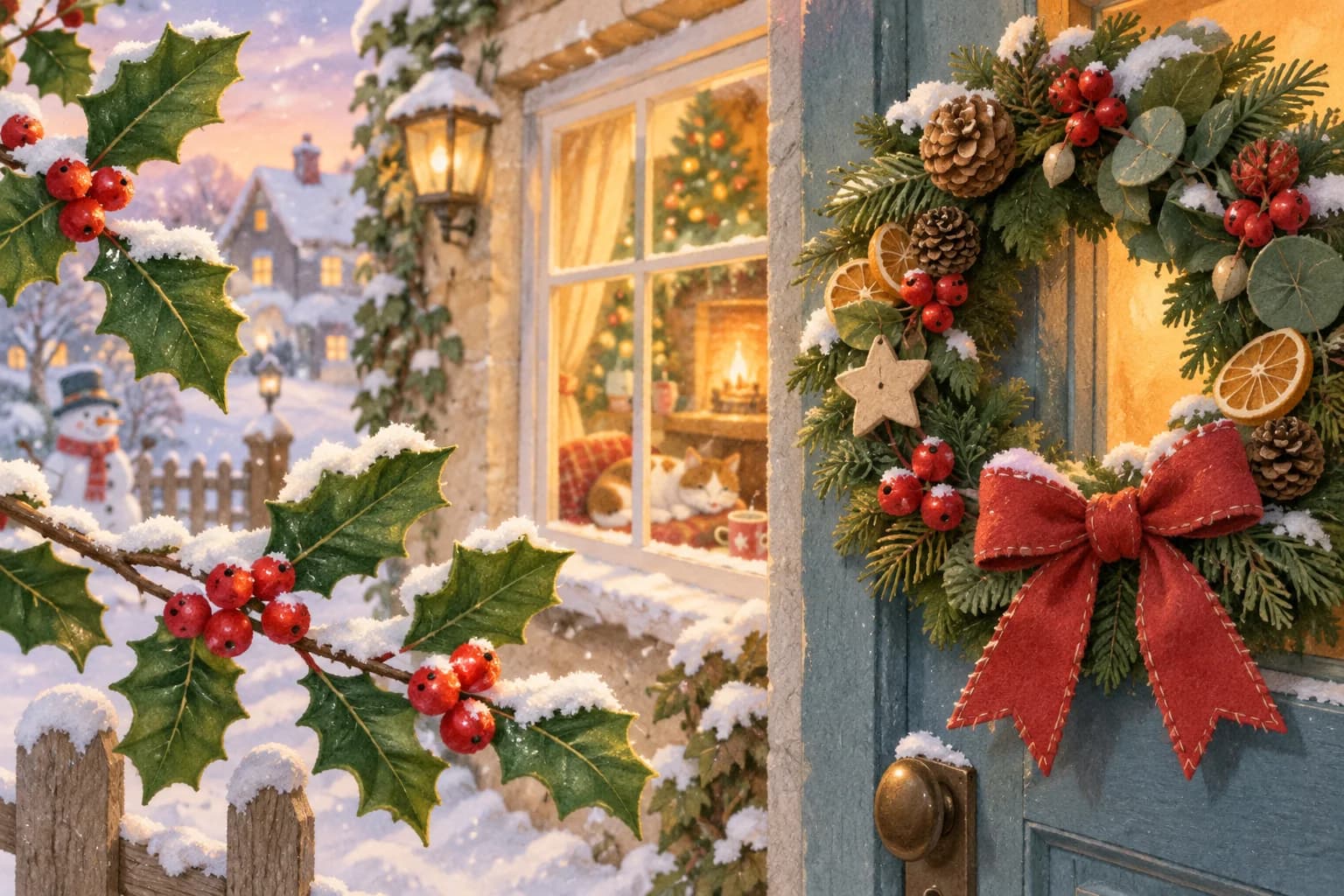 Branche de houx aux feuilles vertes et aux baies rouges près d’une couronne de Noël