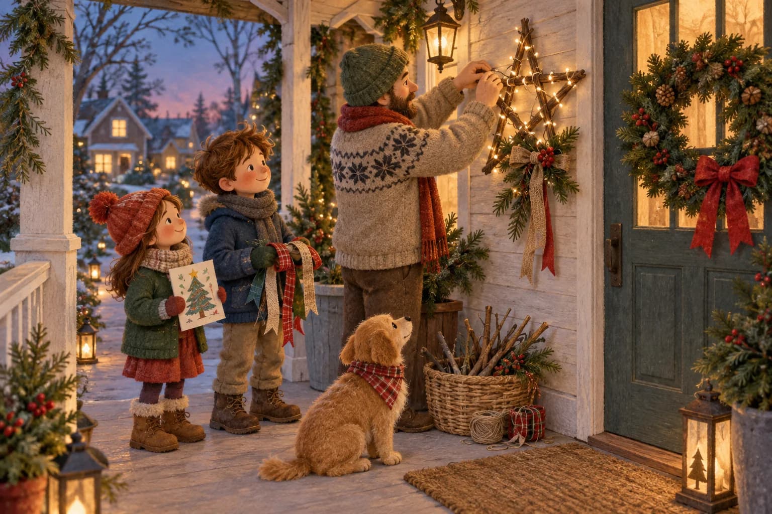 Sous un porche, un adulte installe une étoile lumineuse en branches tandis que deux enfants observent avec leur dessin.