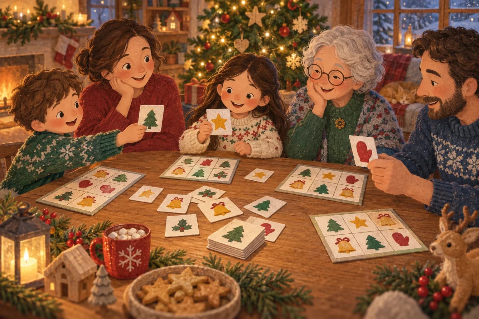 Enfants, parents et grand-parent jouent à un loto d'images autour d'une table près du sapin.