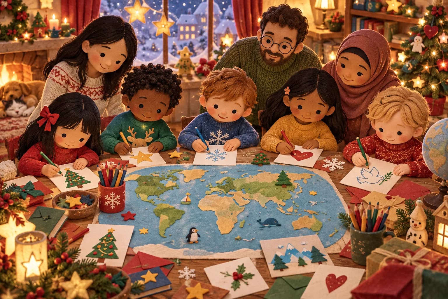 Enfants et parents apprenant des vœux de Noël autour d’une carte du monde
