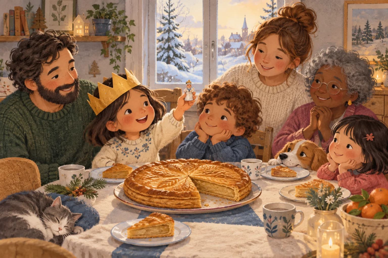 Une famille partage une galette des rois autour d’une table, avec un enfant portant une couronne en papier