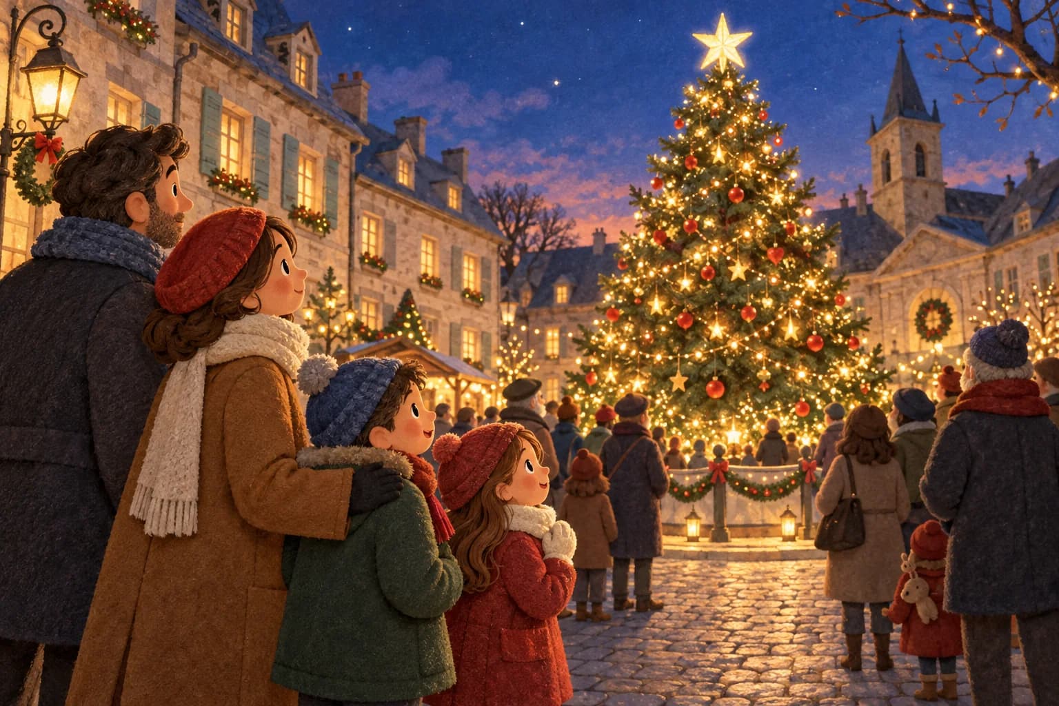 Des enfants et leurs parents regardent un grand sapin s’illuminer sur une place à la tombée du jour.