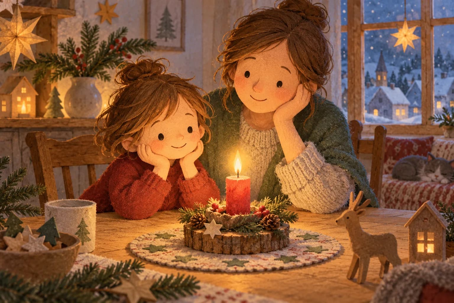 Un enfant et un adulte observent ensemble une bougie de l’Avent dans une maison chaleureuse