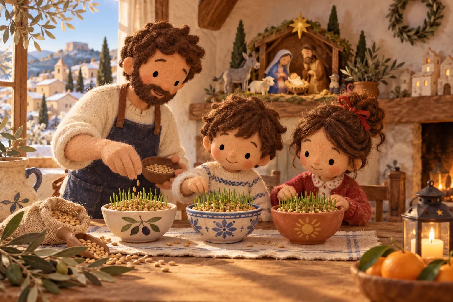 Trois coupelles de blé germé près d’une crèche provençale