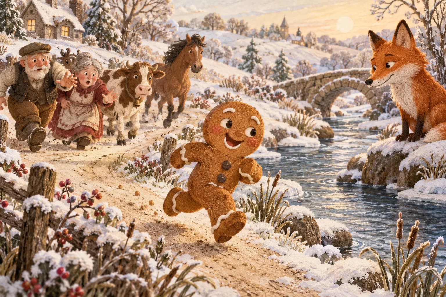 Un bonhomme de pain d'épice fuit ses poursuivants vers une rivière où l'attend un renard.