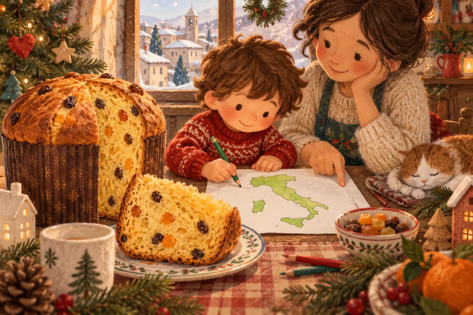 Un panettone et sa tranche sur une table de Noël, près d’un enfant et d’un parent dessinant l’Italie.