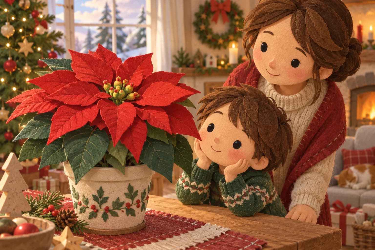Un enfant observe un poinsettia rouge avec un adulte dans une maison décorée pour Noël
