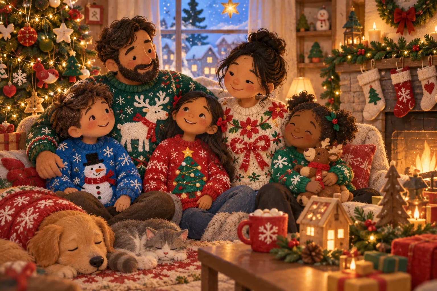Une famille porte des pulls de Noël très colorés dans un salon décoré
