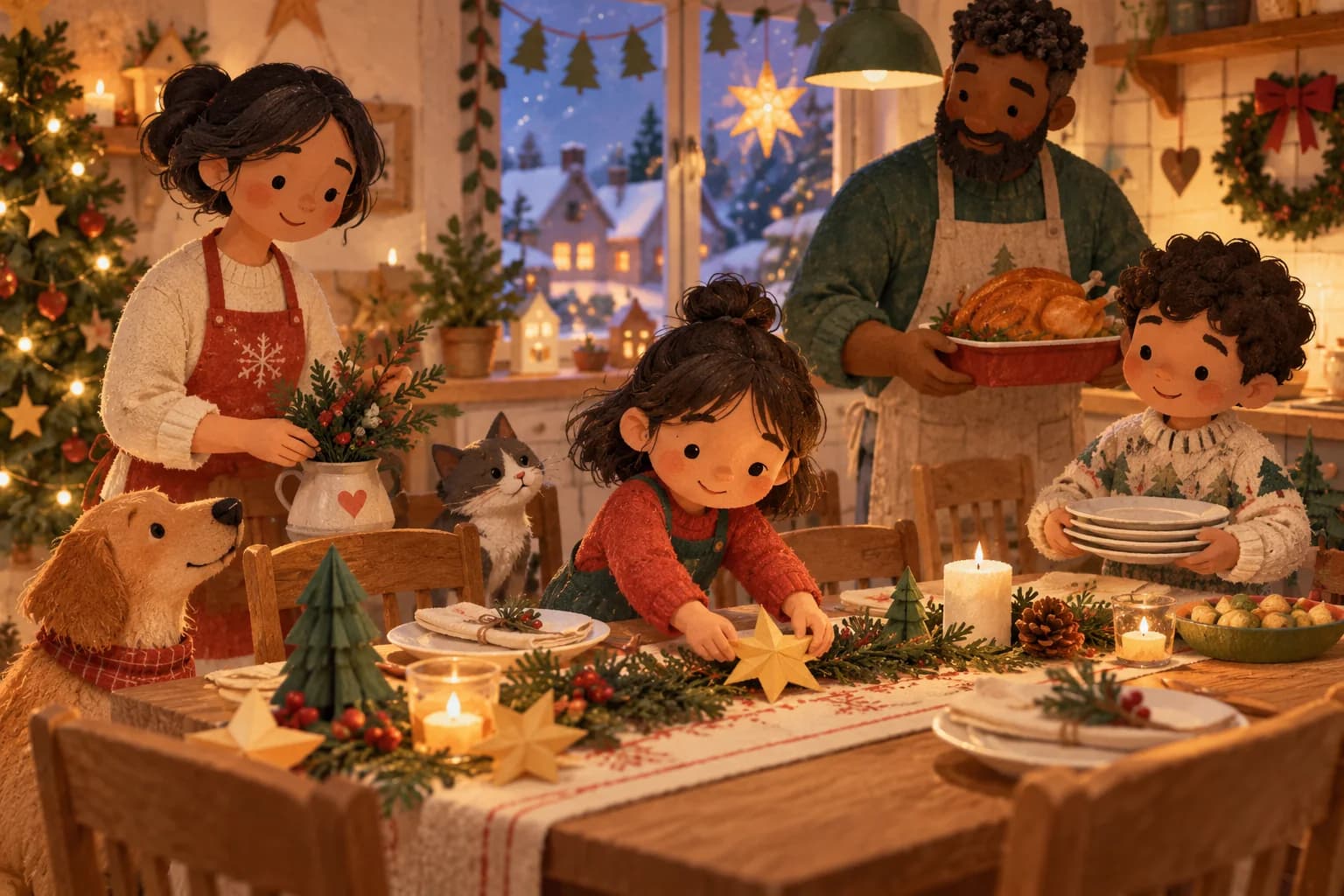 Une famille prépare ensemble la table du réveillon de Noël