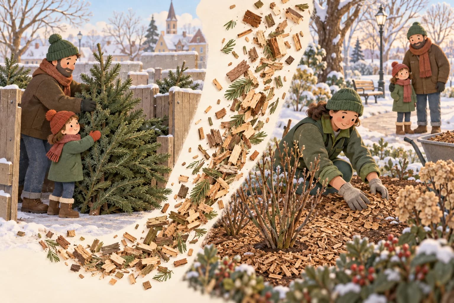 Un enfant et un adulte déposent leur sapin, puis observent un jardinier étaler des copeaux autour des arbustes.
