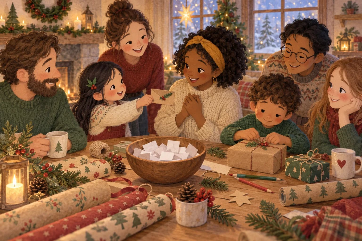 Des adultes et deux enfants préparent de petits cadeaux et une pochette à indices autour d’une table de Noël.