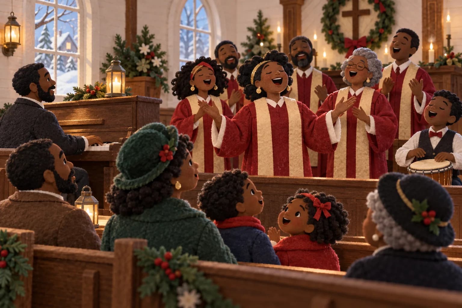 Une chorale afro-américaine chante un spiritual de Noël dans une église éclairée par la lumière d’hiver