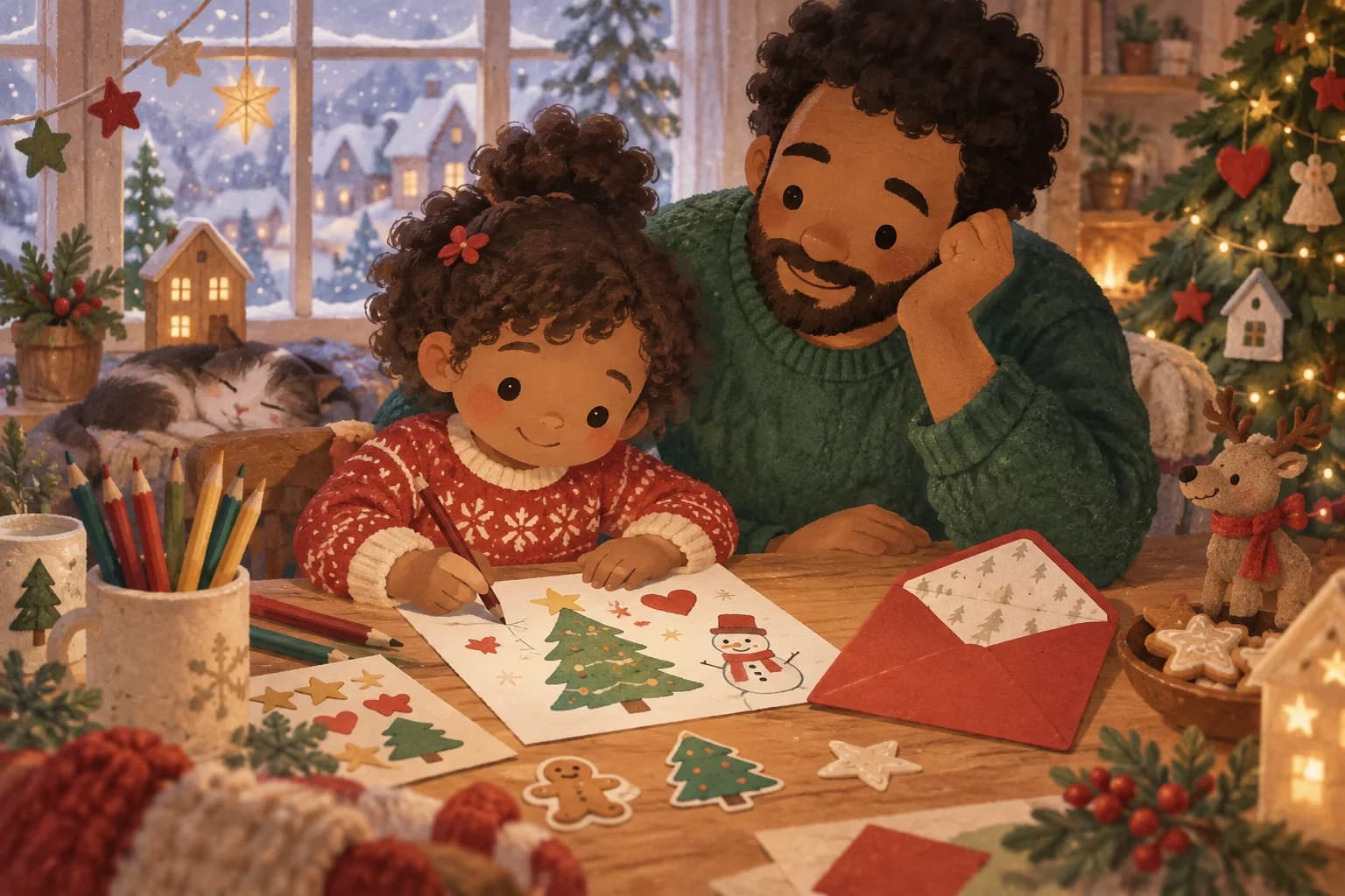 Un enfant prépare une lettre de Noël avec un adulte, entouré de dessins, de crayons et d’une enveloppe