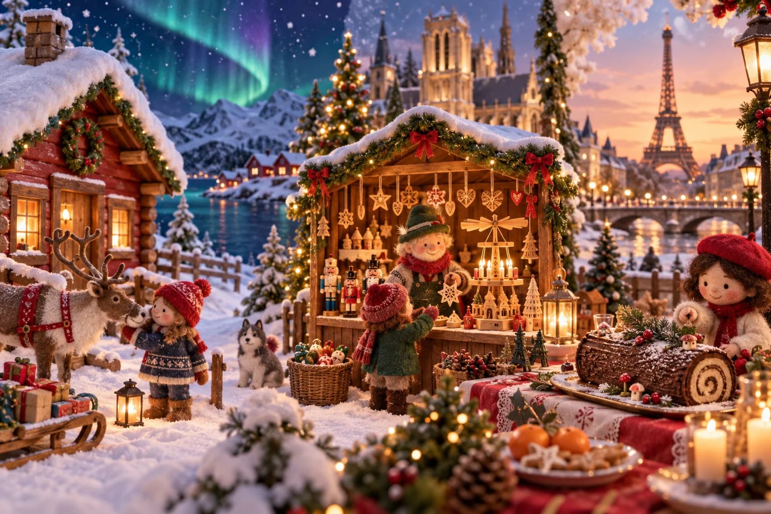 Illustration montrant une carte du monde avec un Père Noël nordique, une posada mexicaine, un marché de Noël allemand et une bûche de Noël française.