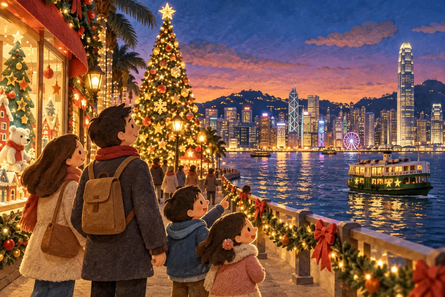 Une famille admire un grand sapin illuminé près du port de Hong Kong, face aux gratte-ciel.