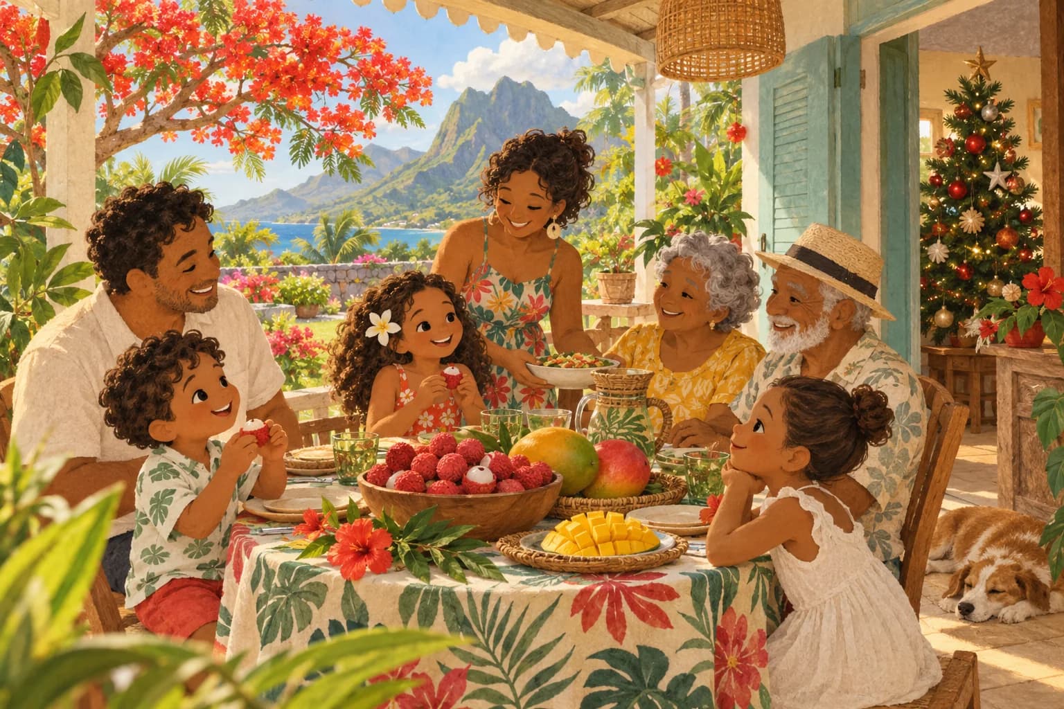 Une famille fête Noël sur une terrasse à La Réunion, avec des letchis, un sapin décoré et un flamboyant fleuri.