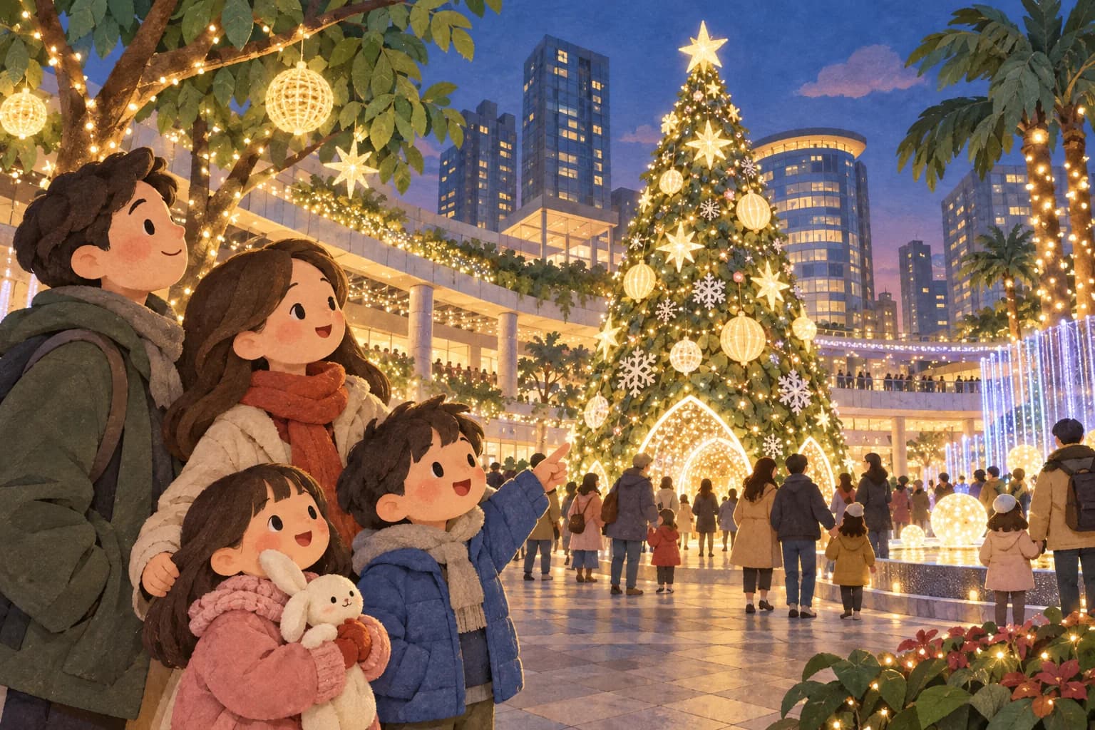 Une famille observe un grand sapin illuminé sur une place de Nouveau Taipei, entourée d’immeubles et de guirlandes.