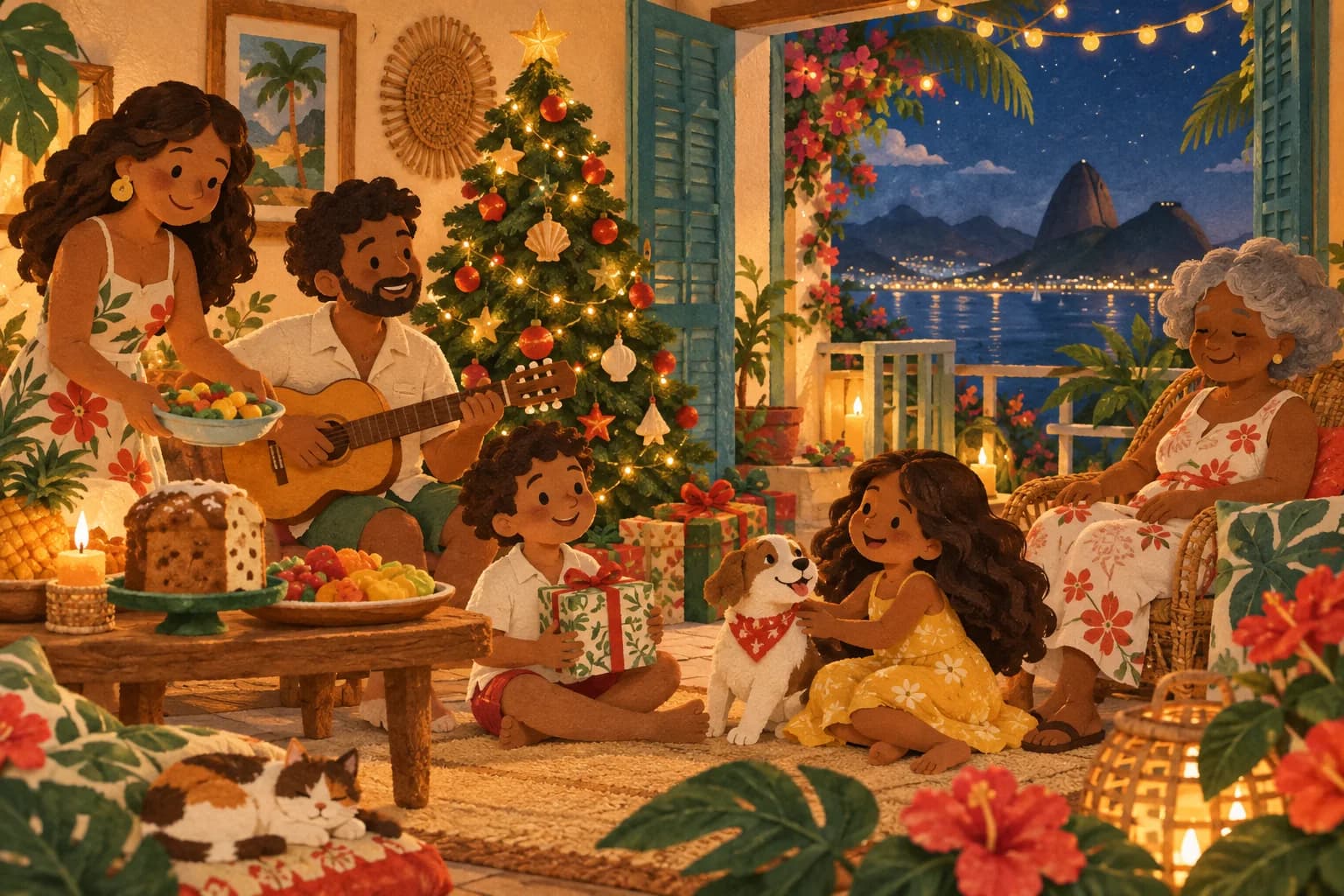 Famille brésilienne fêtant Noël en été autour d’un sapin décoré