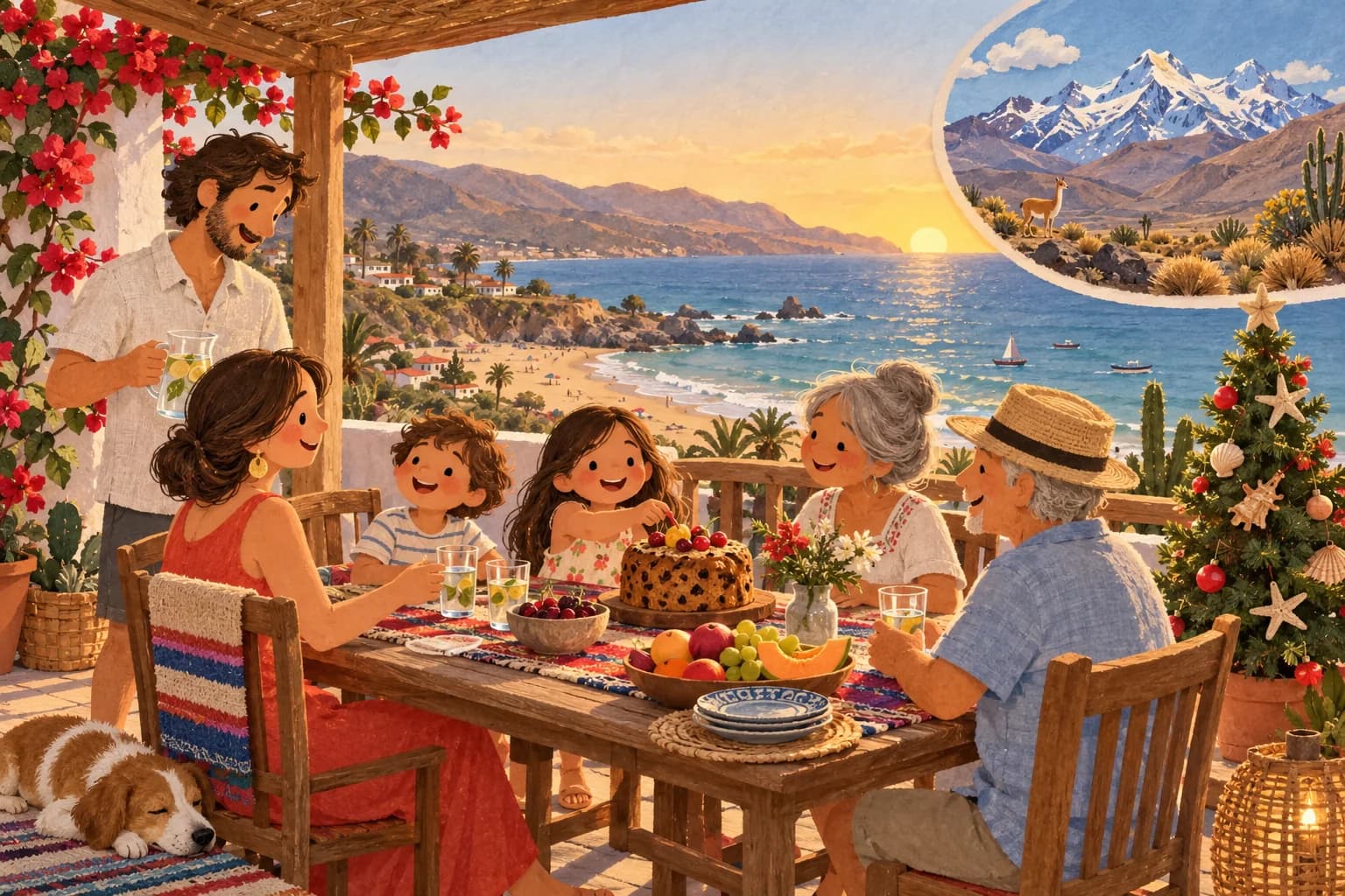 Une famille fête Noël en tenue d’été sur une terrasse de la côte chilienne, avec une vignette des Andes.