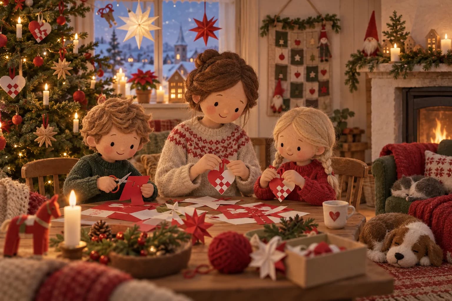 Famille réunie autour d’un sapin danois avec des bougies et des décorations en papier